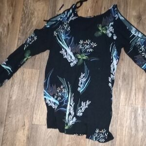 Free People Black Floral Clear Skies  Tunic Swing Cold Shoulder Mini Dress